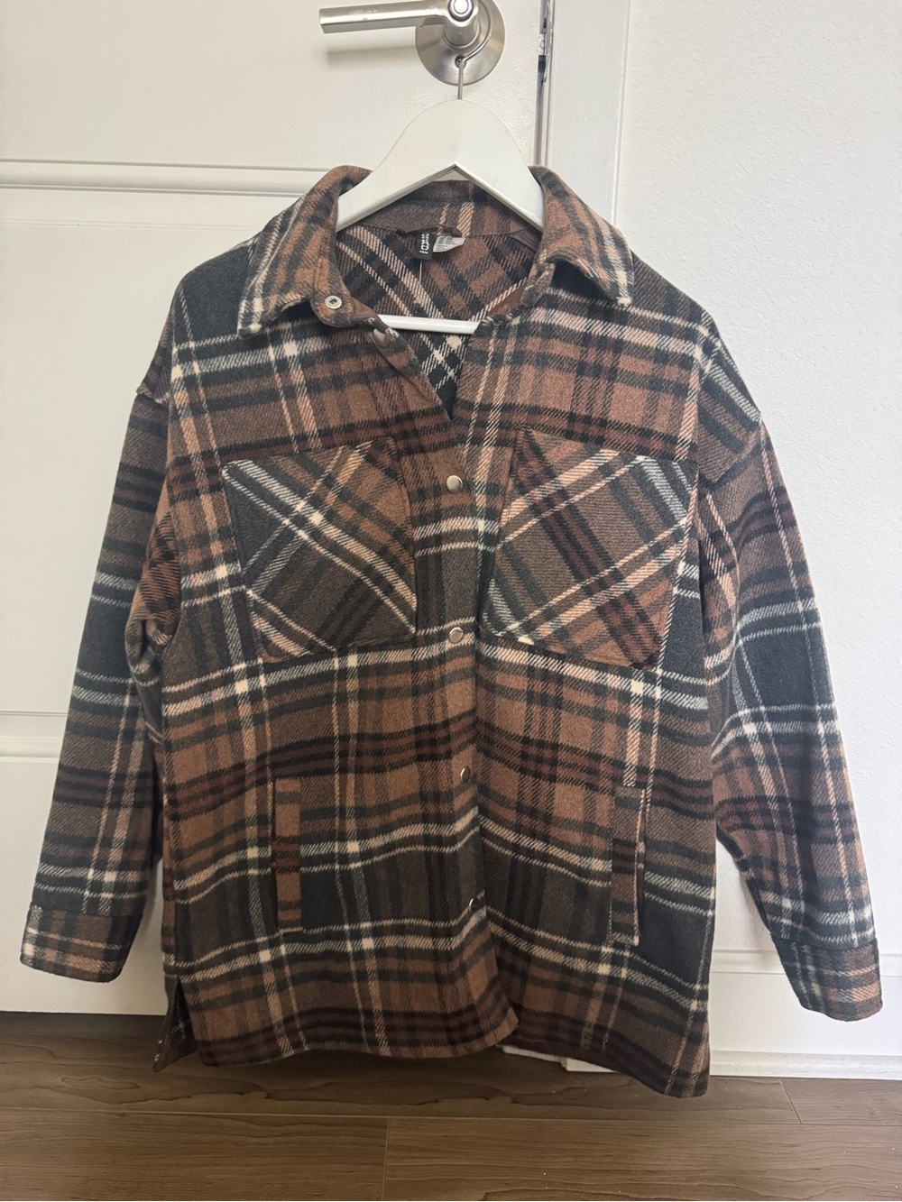 H&M Brown and Black Plaid Snap-Front Shacket
